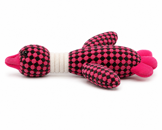 Textured Plush Duck Dog Toy with Rope Neck – Pink & Black