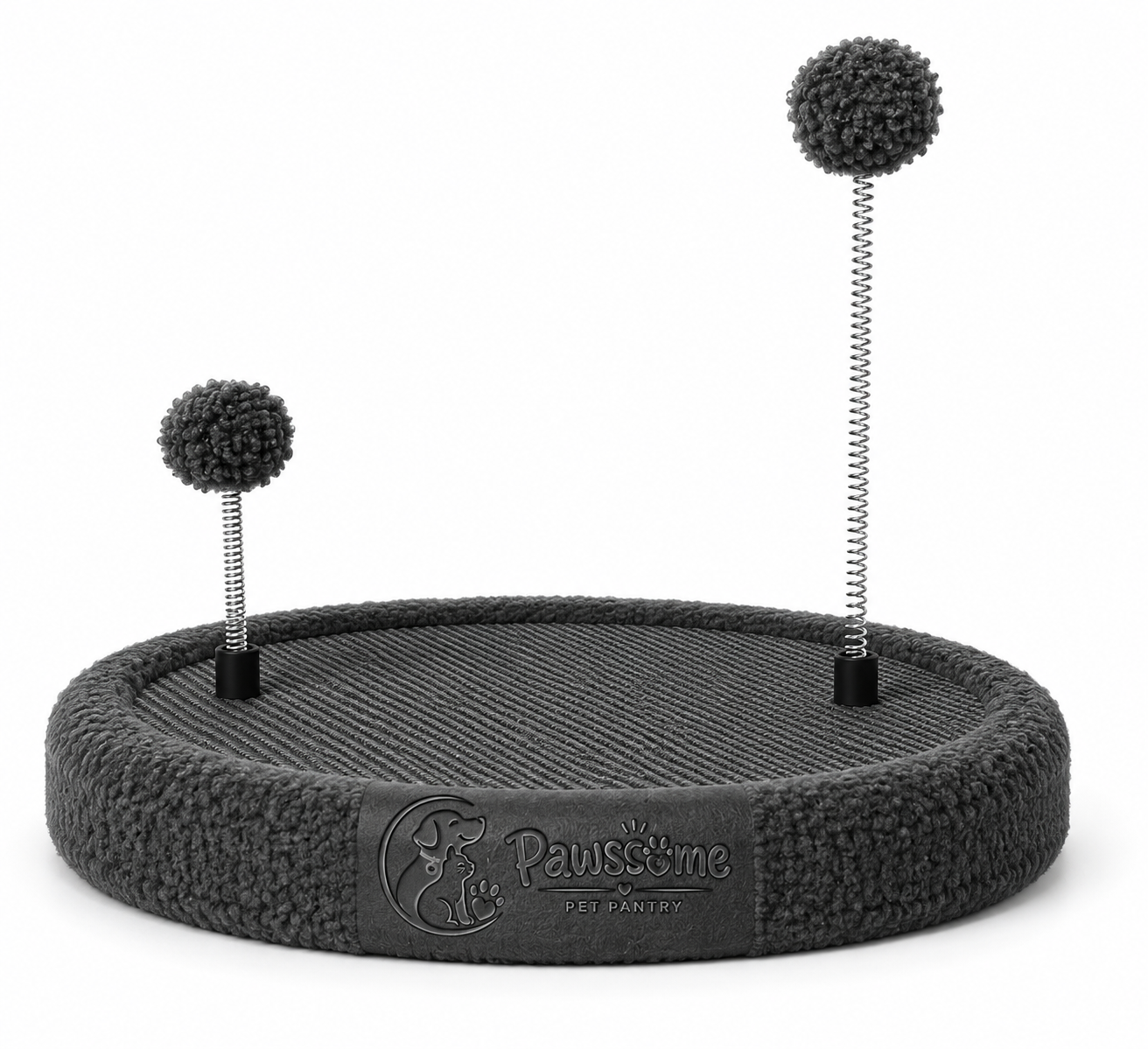 Pawsome Pet Pantry Round Cat Scratcher Bed with Two Spring Ball Toys – Charcoal Grey