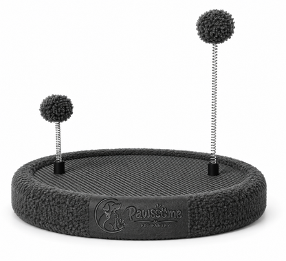 Interactive Round Cat Scratcher Bed with Spring Ball Toys – Charcoal Grey