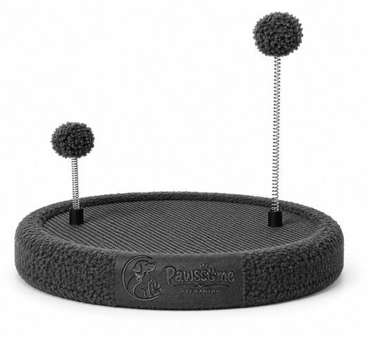 Pawsome Pet Pantry Round Cat Scratcher Bed with Two Spring Ball Toys – Charcoal Grey