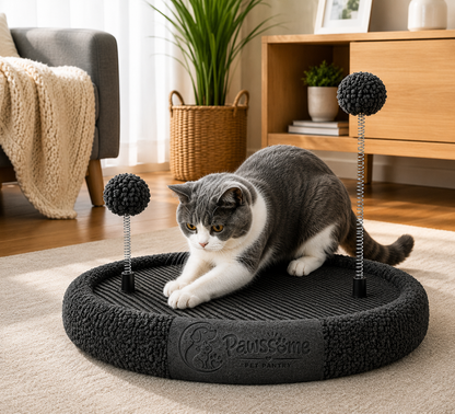 Interactive Round Cat Scratcher Bed with Spring Ball Toys – Charcoal Grey