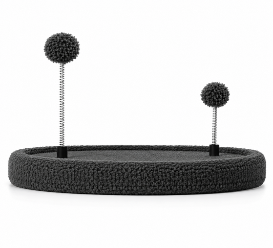 Interactive Round Cat Scratcher Bed with Spring Ball Toys – Charcoal Grey
