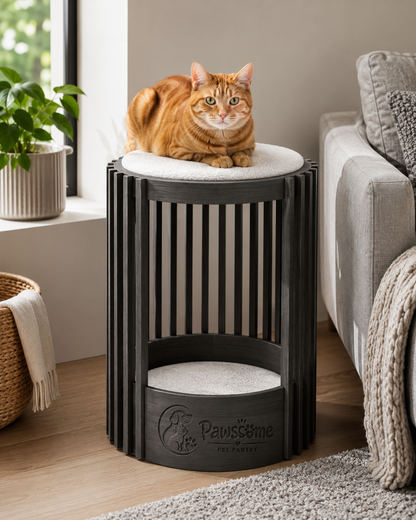 Modern Wooden Cat Condo with Plush Cushions – Charcoal Grey